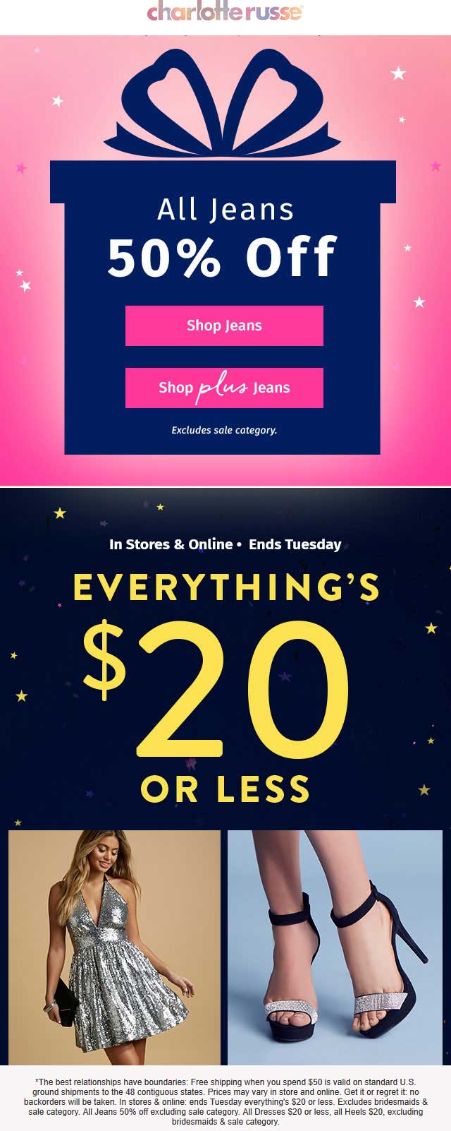 Charlotte Russe Coupon May 2024 Everything is $20 or less at Charlotte Russe, ditto online