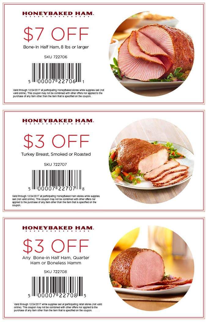 HoneyBaked Coupon April 2024 $3-$7 off ham or turkey at HoneyBaked restaurants