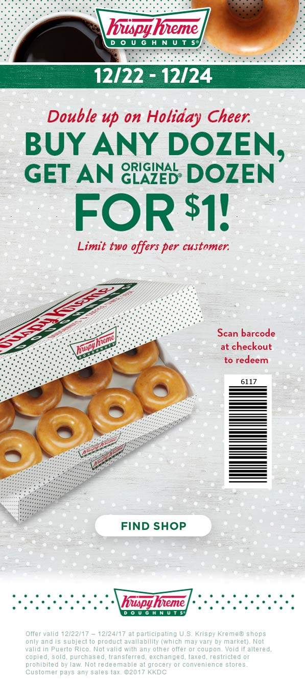 Krispy Kreme Coupon April 2024 Second dozen for $1 at Krispy Kreme