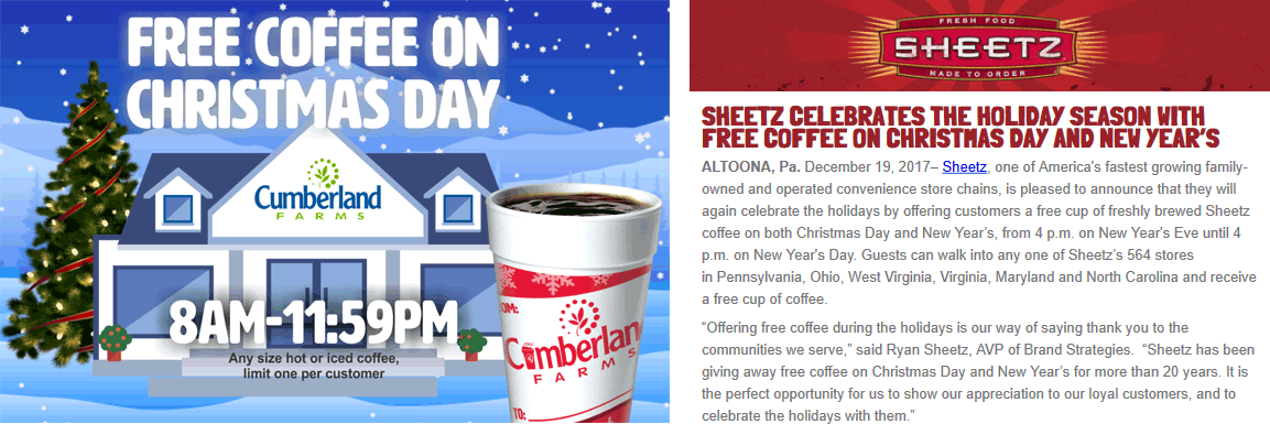 Cumberland Farms Coupon April 2024 Free cup of coffee til noon at Sheetz & Cumberland Farms