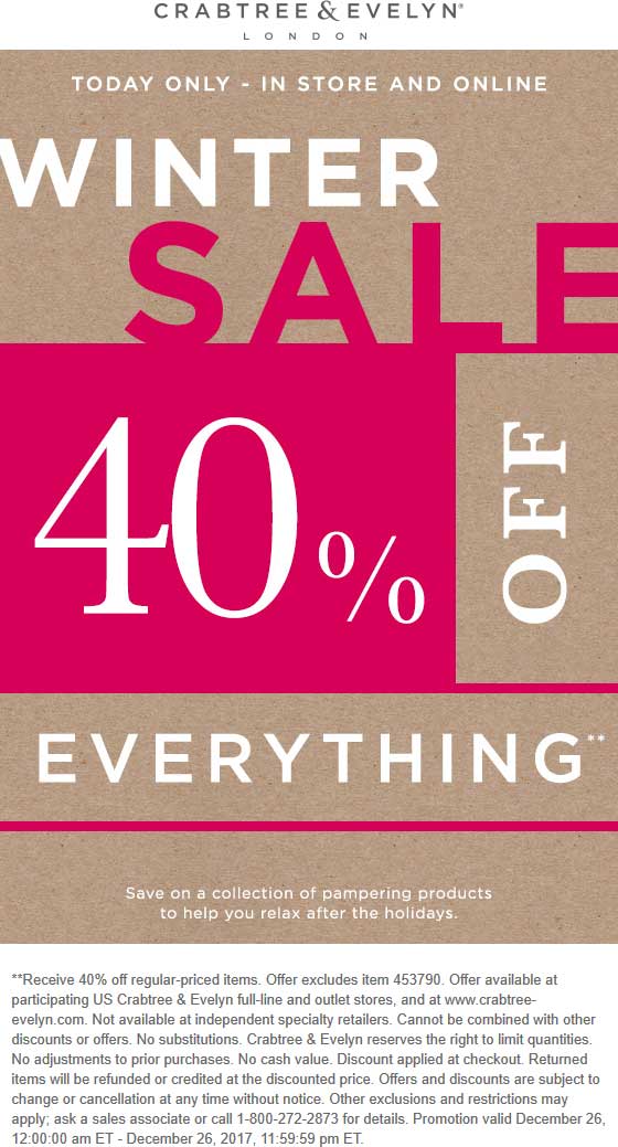 Crabtree & Evelyn Coupon April 2024 40% off everything today at Crabtree & Evelyn, ditto online