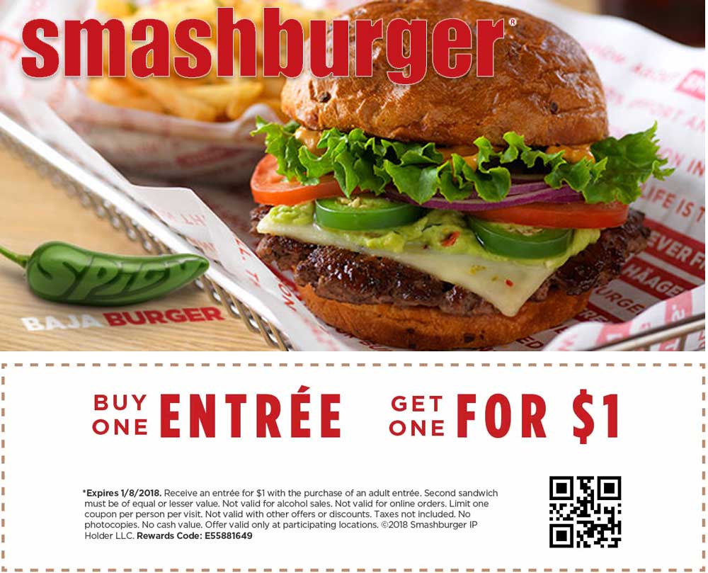 Smashburger Coupon April 2024 Second burger for $1 at Smashburger restaurants