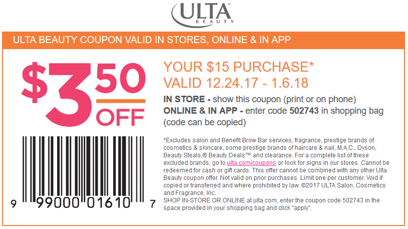 Ulta Beauty Coupon April 2024 $3.50 off $15 at Ulta Beauty, or online via promo code 502743