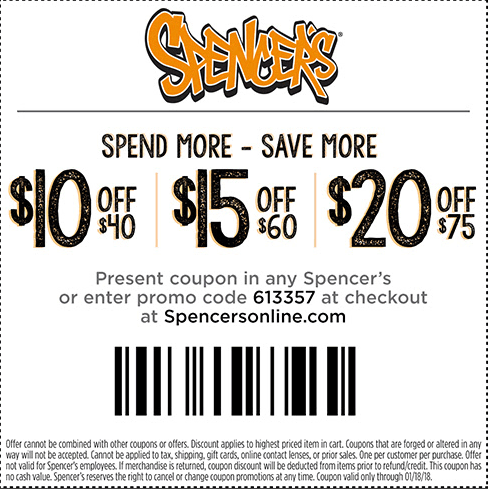 Spencers Coupon April 2024 $10 off $40 & more at Spencers, or online via promo code 613357