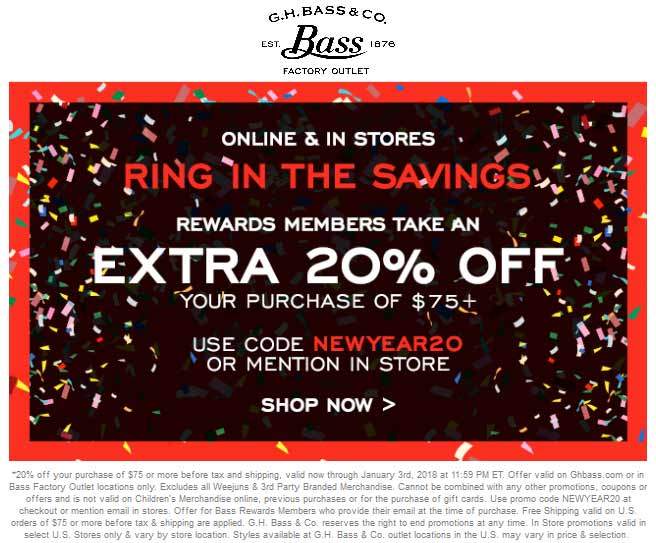 Bass Factory Outlet Coupon April 2024 20% off $75 at Bass Factory Outlet, or online via promo code NEWYEAR20