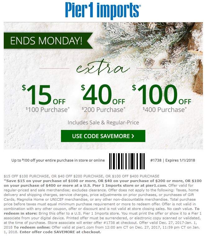 Pier 1 Coupon April 2024 $15 off $100 at Pier 1 Imports, or online via promo code SAVEMORE