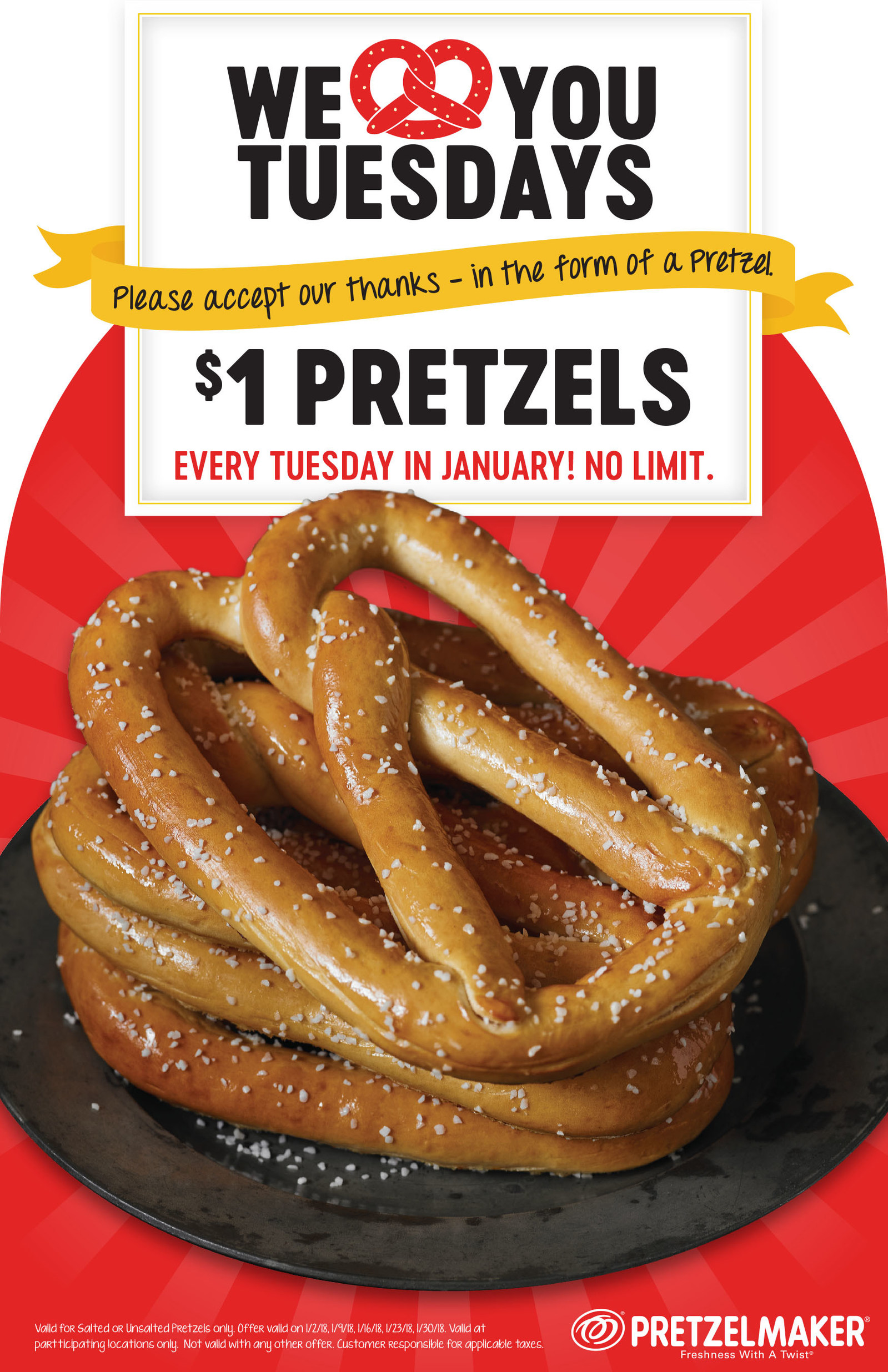 Pretzelmaker Coupon March 2024 $1 pretzels Tuesdays in January at Pretzelmaker