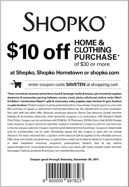 Shopko Coupon April 2024 $10 off $30 at Shopko, or online via promo code SAVETEN