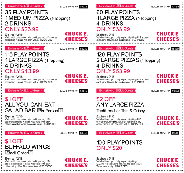 Chuck E. Cheese Coupon April 2024 100 game play points for $20 & more at Chuck E. Cheese pizza