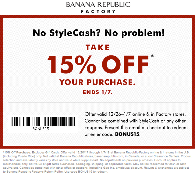 Banana Republic Factory Coupon April 2024 Extra 15% off at Banana Republic Factory, or online via promo code BONUS15