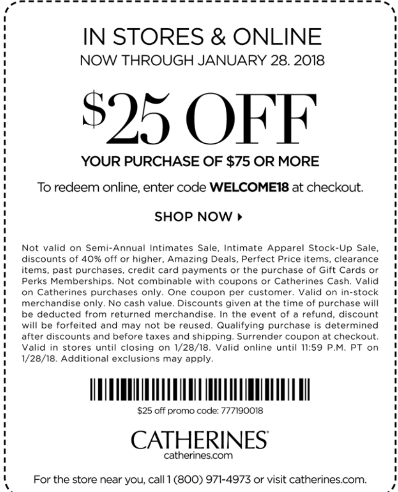 Catherines Coupon March 2024 $25 off $75 at Catherines, or online via promo code WELOME18