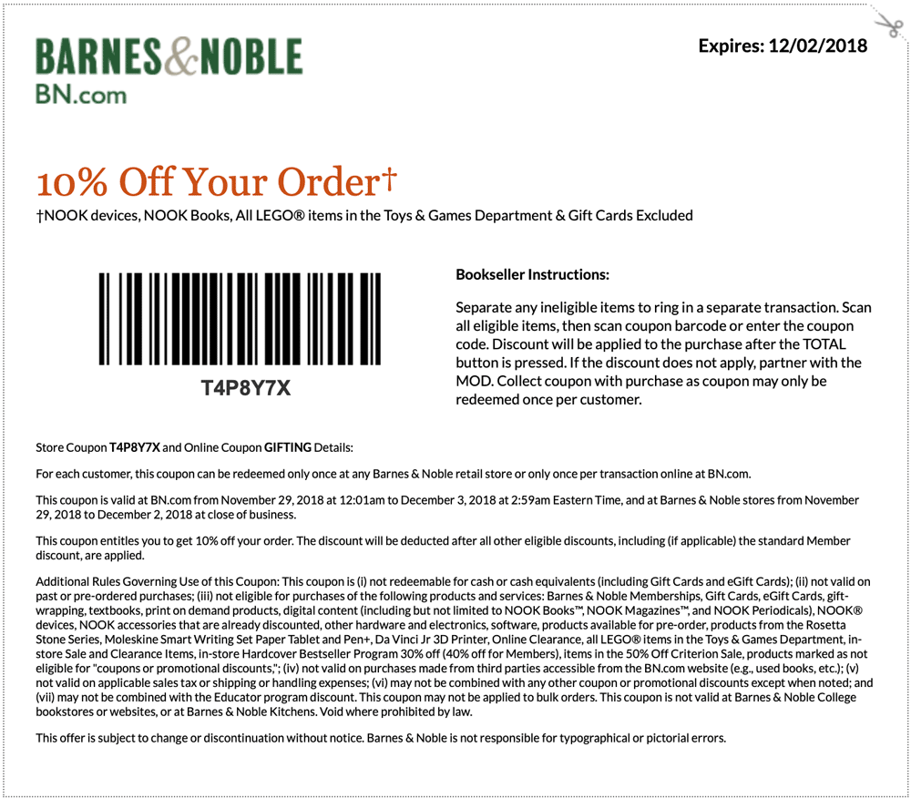 Barnes & Noble Coupon April 2024 10% off at Barnes & Noble, or online via promo code GIFTING