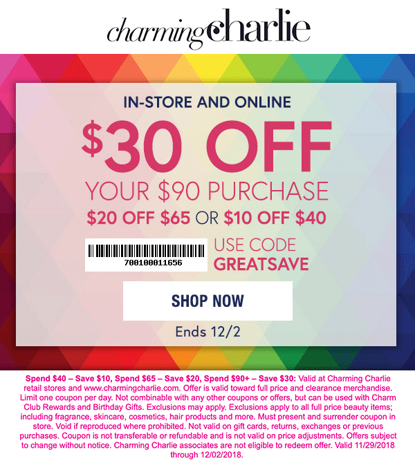 Charming Charlie Coupon April 2024 $10 of $40 & more at Charming Charlie, or online via promo code GREATSAVE