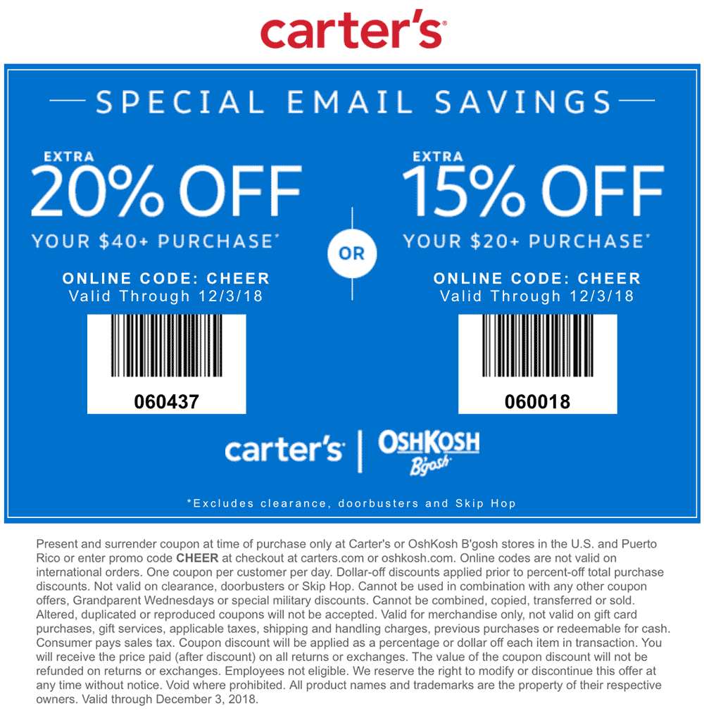 Carters Coupon April 2024 15-20% off today at Carters, or online via promo code CHEER