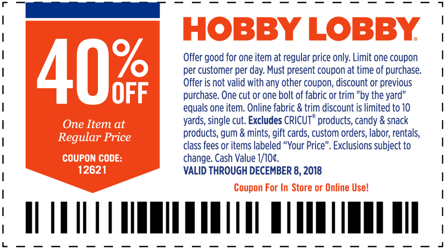 Hobby Lobby Coupon April 2024 40% off a single item at Hobby Lobby, or online via promo code 12621