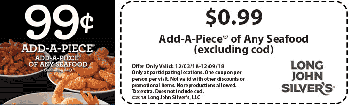 Long John Silvers Coupon April 2024 Add-a-piece of seafood for $1 at Long John Silvers restaurants