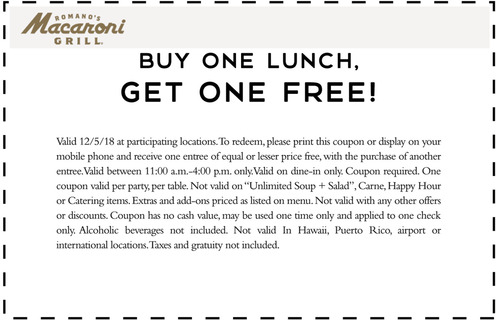 Macaroni Grill Coupon March 2024 Second lunch free today at Macaroni Grill