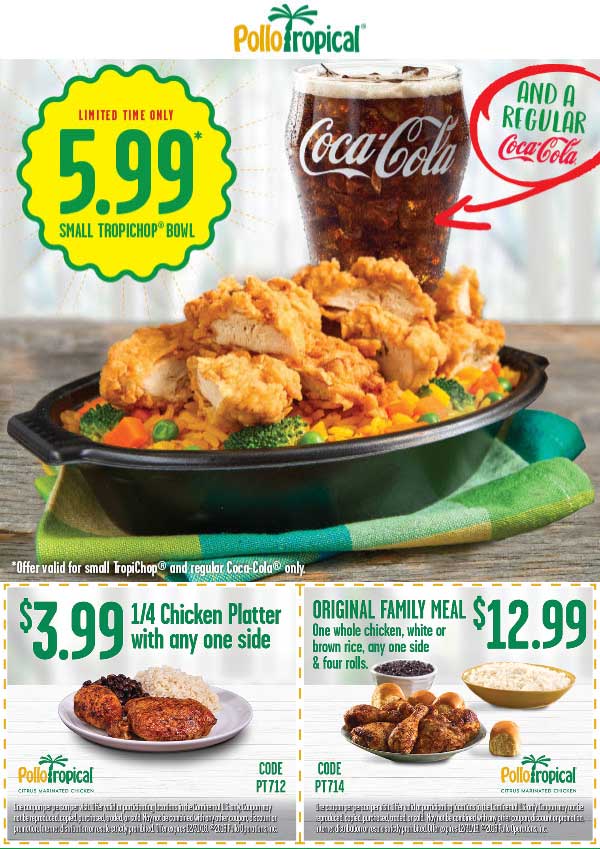 Pollo Tropical Coupon March 2024 $4 chicken meal, Bowl + drink = $6 at Pollo Tropical restaurants