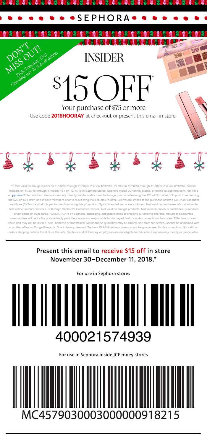 Sephora Coupon April 2024 $15 off $75 at Sephora, or online via promo code 2018HOORAY