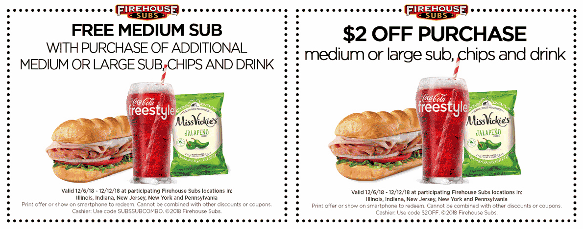Firehouse Subs Coupon April 2024 Second sub sandwich free & more at Firehouse Subs