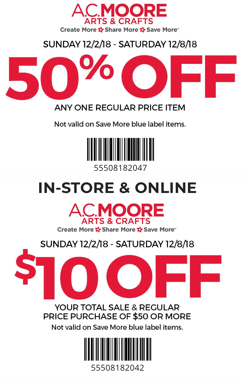 A.C. Moore Coupon March 2024 $10 off $50 & more at A.C. Moore, or online via promo code 55507182047