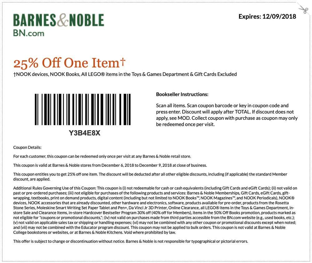 Barnes & Noble Coupon April 2024 25% off a single item at Barnes & Noble, or 20% off $50 online via promo code WISHLIST