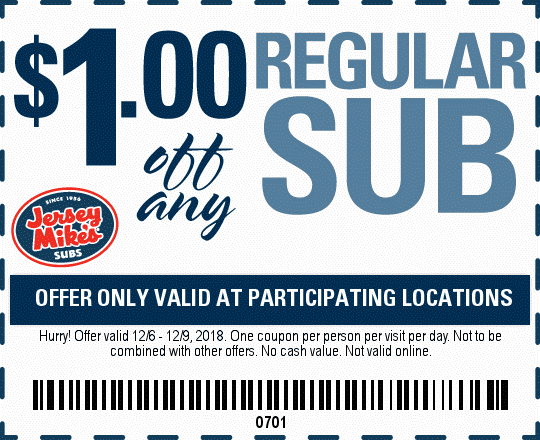 Jersey Mikes Coupon March 2024 $1 off your sub sandwich at Jersey Mikes