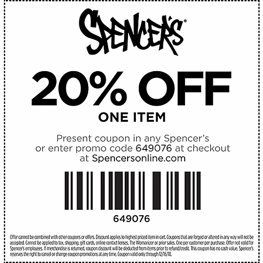 Spencers Coupon April 2024 20% off a single item at Spencers, or online via promo code 649076