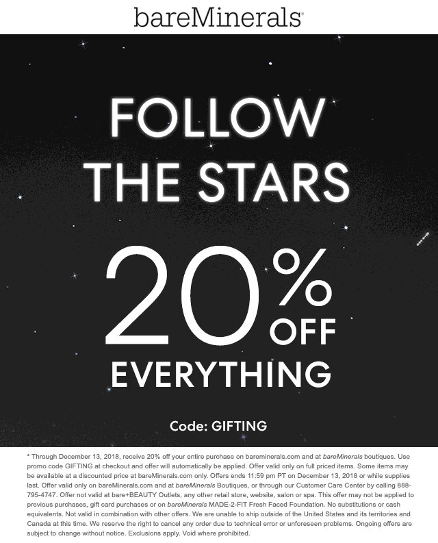 bareMinerals Coupon April 2024 20% off everything at bareMinerals, or online via promo code GIFTING