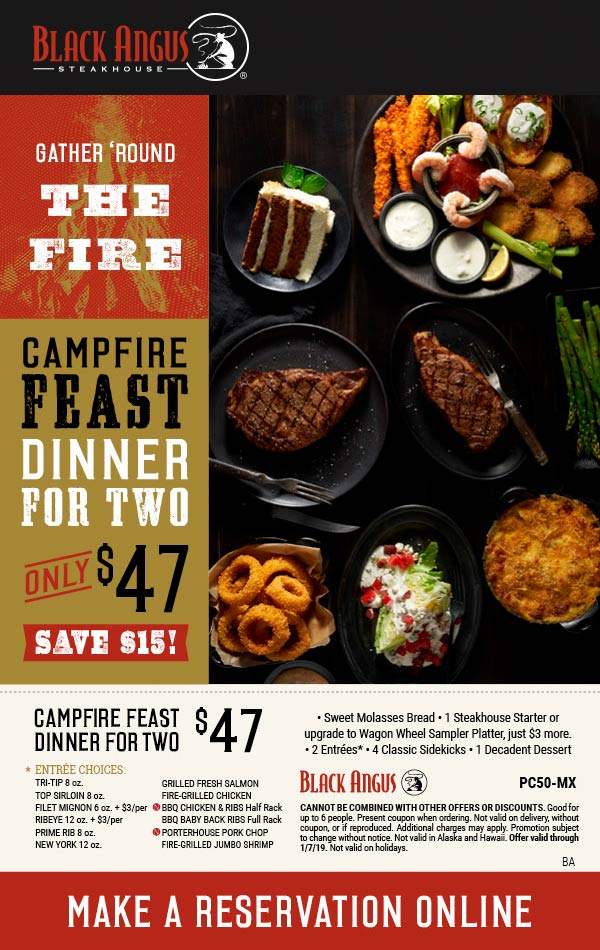 Black Angus Coupon March 2024 2 entrees + 4 sides + appetizer + dessert = $47 at Black Angus steakhouse