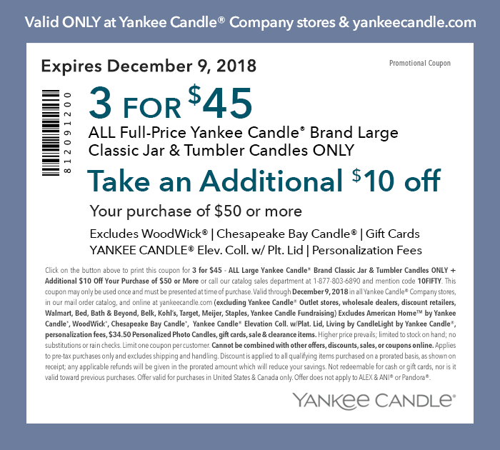 Yankee Candle Coupon April 2024 $10 off $50 & more at Yankee Candle, or online via promo code 10FIFTY