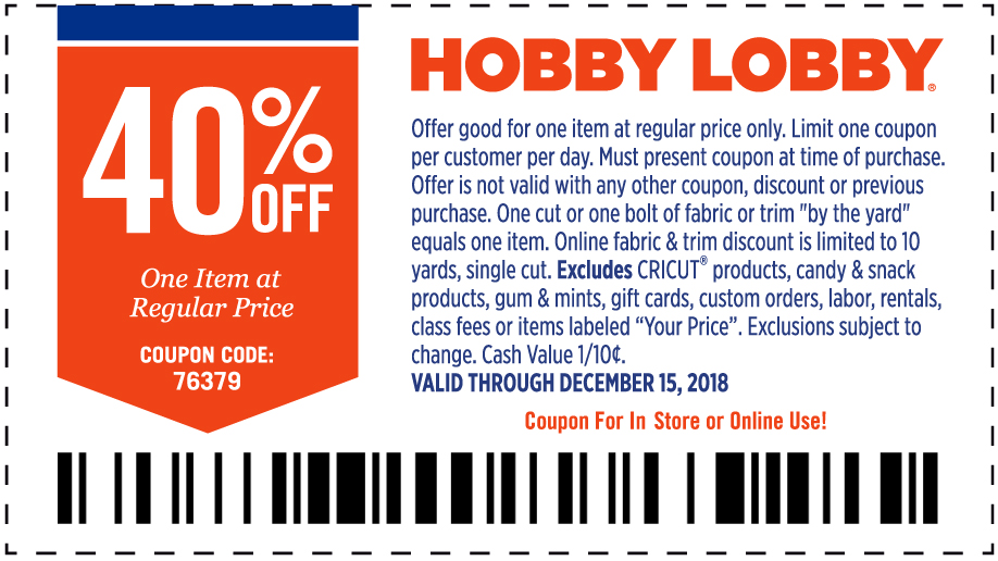 Hobby Lobby Coupon April 2024 40% off a single item at Hobby Lobby, or online via promo code 76379