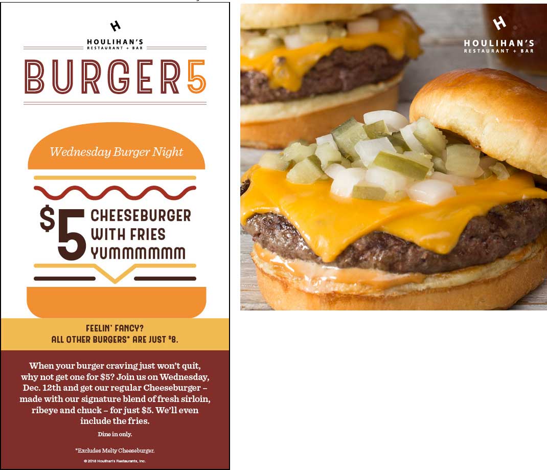 Houlihans Coupon April 2024 $5 cheeseburger + fries Wednesday at Houlihans restaurants