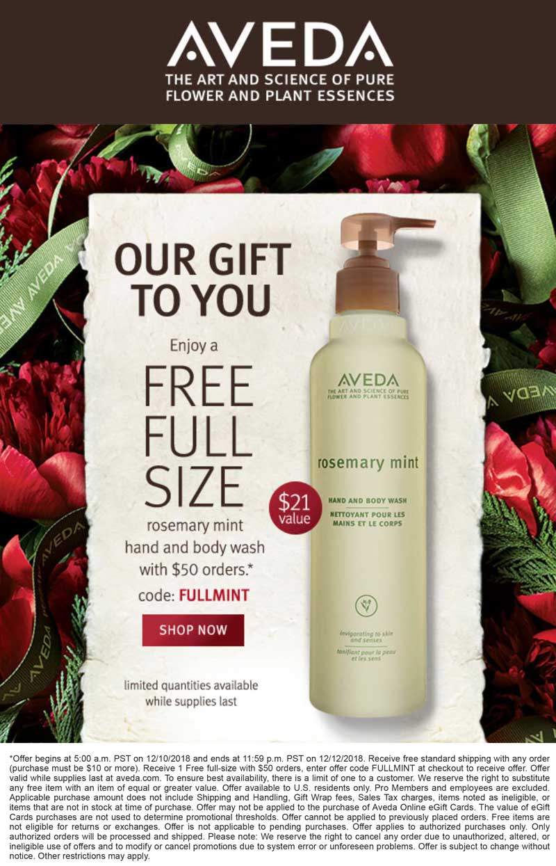 Aveda Coupon April 2024 Free full size body wash with $50 spent today online at Aveda via promo code FULLMINT