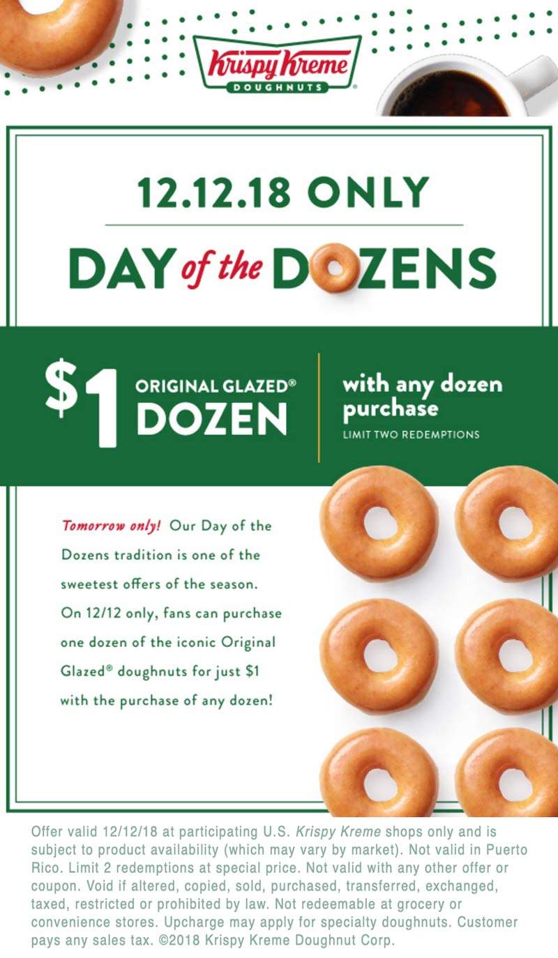 Krispy Kreme Coupon March 2024 Second dozen doughnuts for $1 today at Krispy Kreme