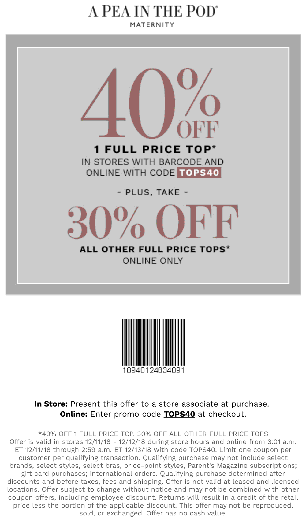 A Pea in the Pod Coupon April 2024 40% off a single top today at A Pea in the Pod maternity, or online via promo code TOPS40