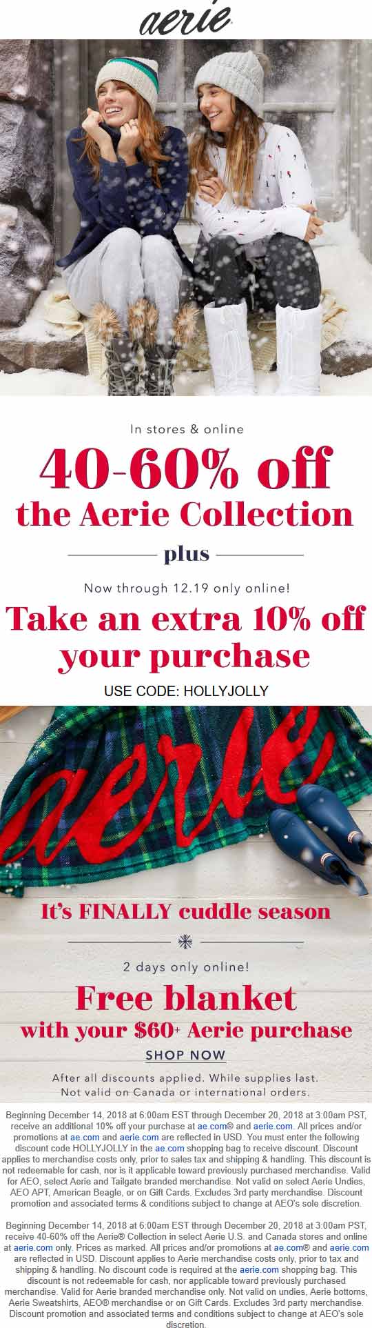 Aerie Coupon April 2024 40-60% off & more at Aerie, or online via promo code HOLLYJOLLY