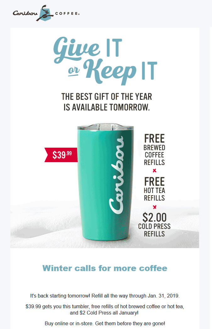 Caribou Coffee Coupon April 2024 $40 mug = free coffee or tea refills through January at Caribou Coffee