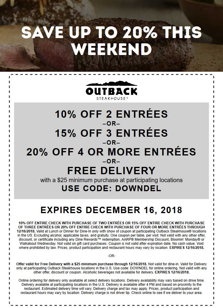 Outback Steakhouse Coupon April 2024 10-20% off at Outback Steakhouse, or free delivery via promo code DOWNDEL