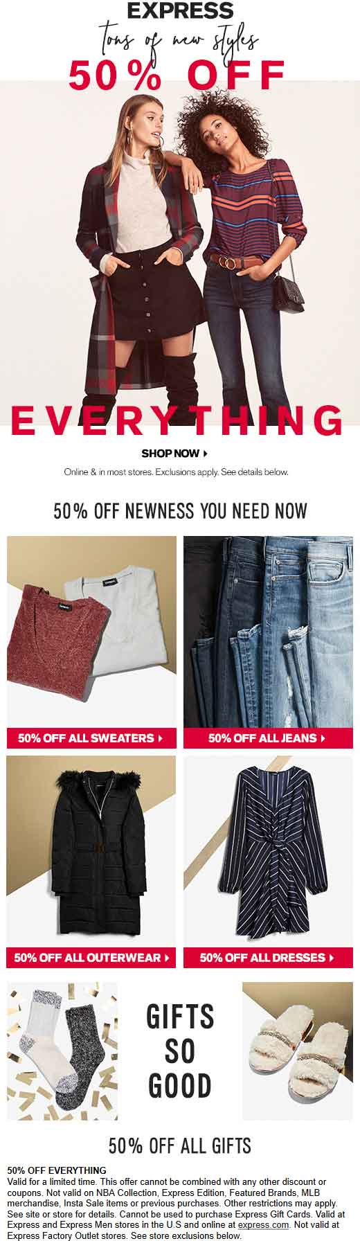 Express Coupon May 2024 50% off everything at Express, ditto online