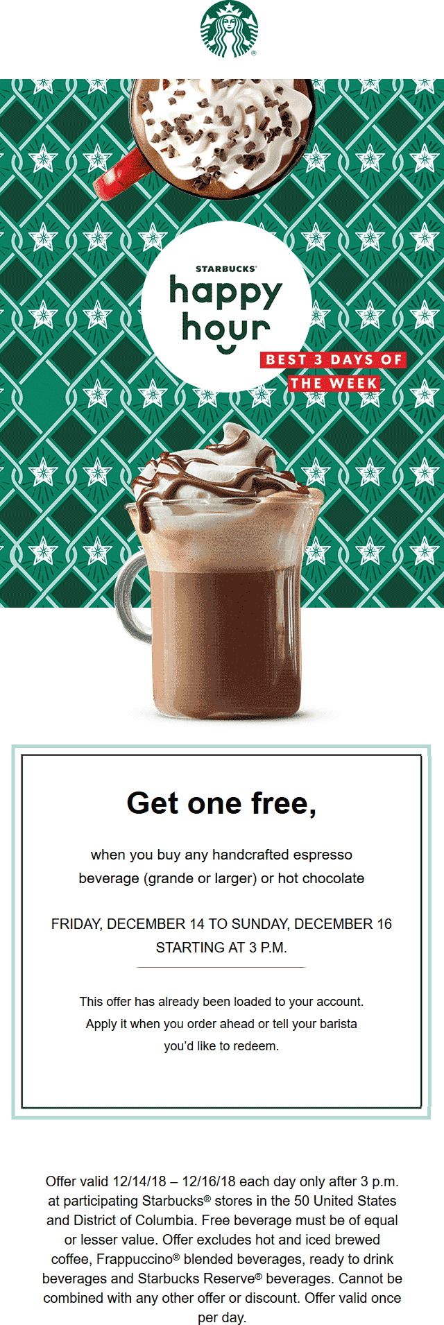 Starbucks Coupon April 2024 Second espresso coffee free after 3p at Starbucks