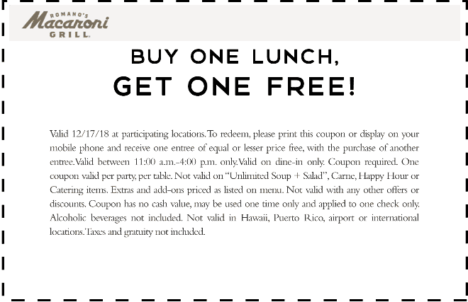 Macaroni Grill Coupon March 2024 Second lunch free today at Macaroni Grill restaurants