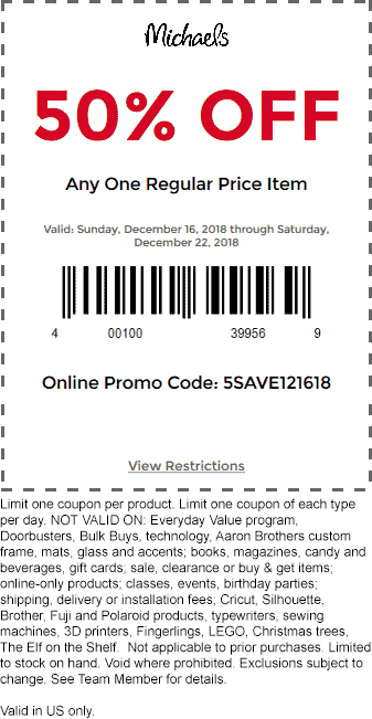 Michaels Coupon April 2024 50% off a single item at Michaels, or online via promo code 5SAVE121618