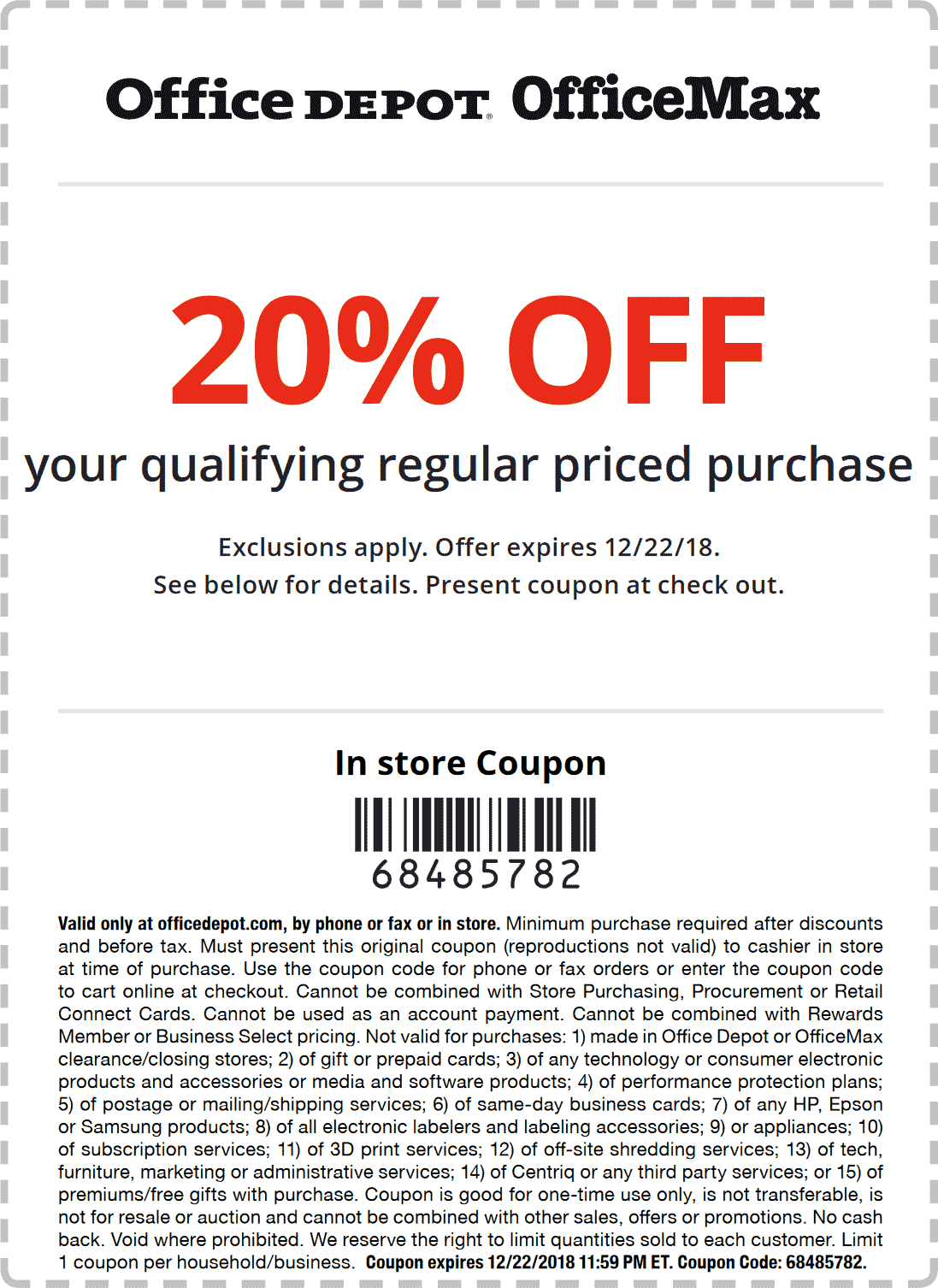 Office Depot Coupon April 2024 20% off at Office Depot & OfficeMax, or online via promo code 68485782