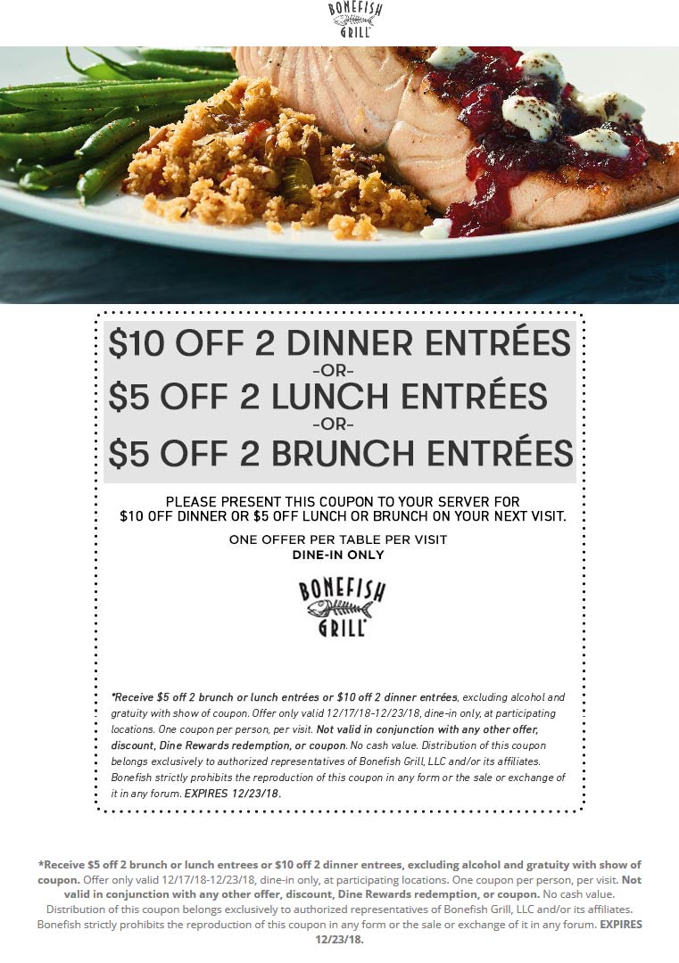 Bonefish Grill Coupon April 2024 $5-$10 off a couple entrees at Bonefish Grill