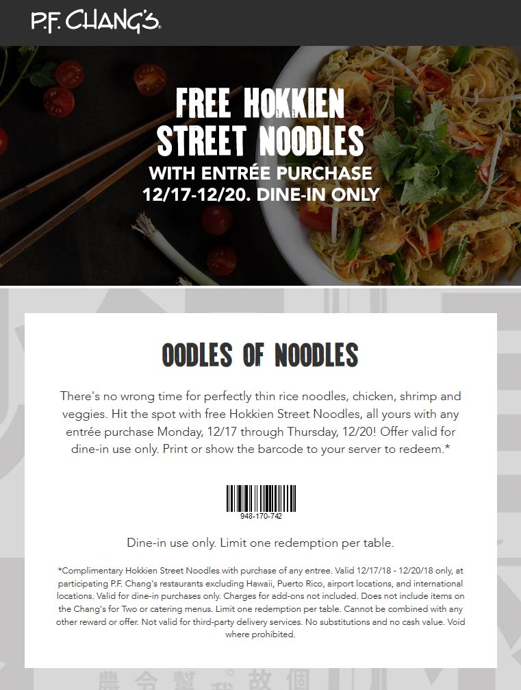 P.F. Changs Coupon April 2024 Free street noodles with your entree at P.F. Changs restaurants