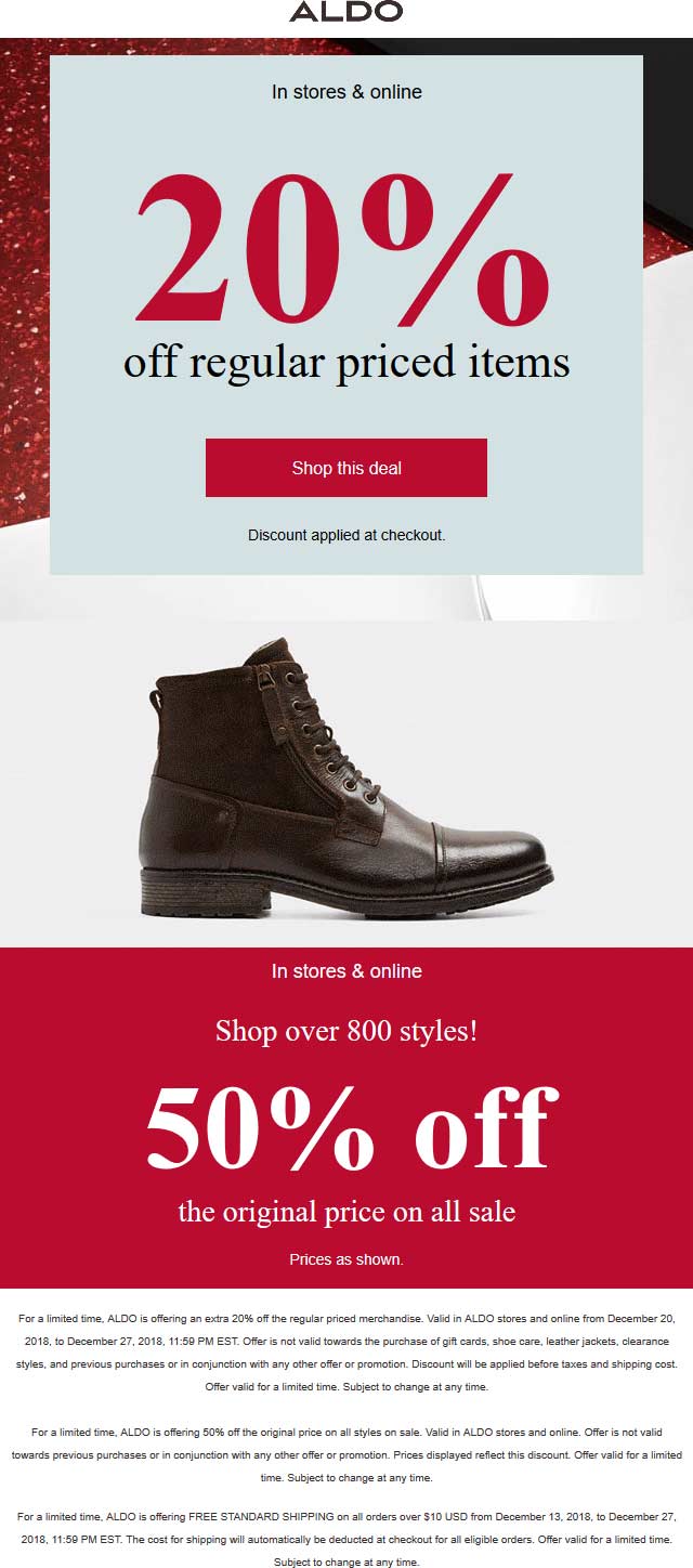 Aldo Coupon March 2024 20% off regular & 50% off sale items at Aldo, ditto online