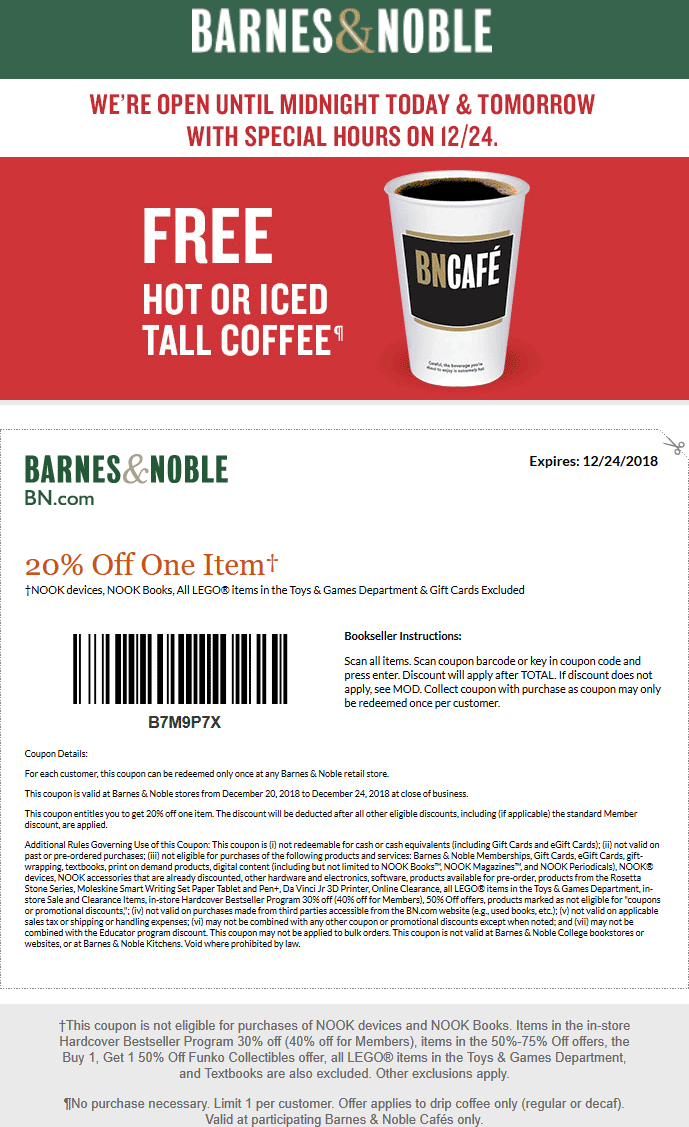 Barnes & Noble Coupon March 2024 Free coffee + 20% off a single item at Barnes & Noble