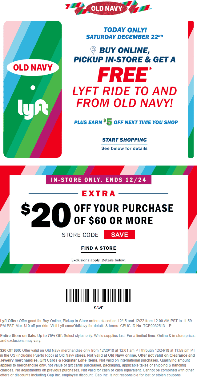 Old Navy Coupon April 2024 Free ride to & from Saturday + $20 off $60 thru Monday at Old Navy