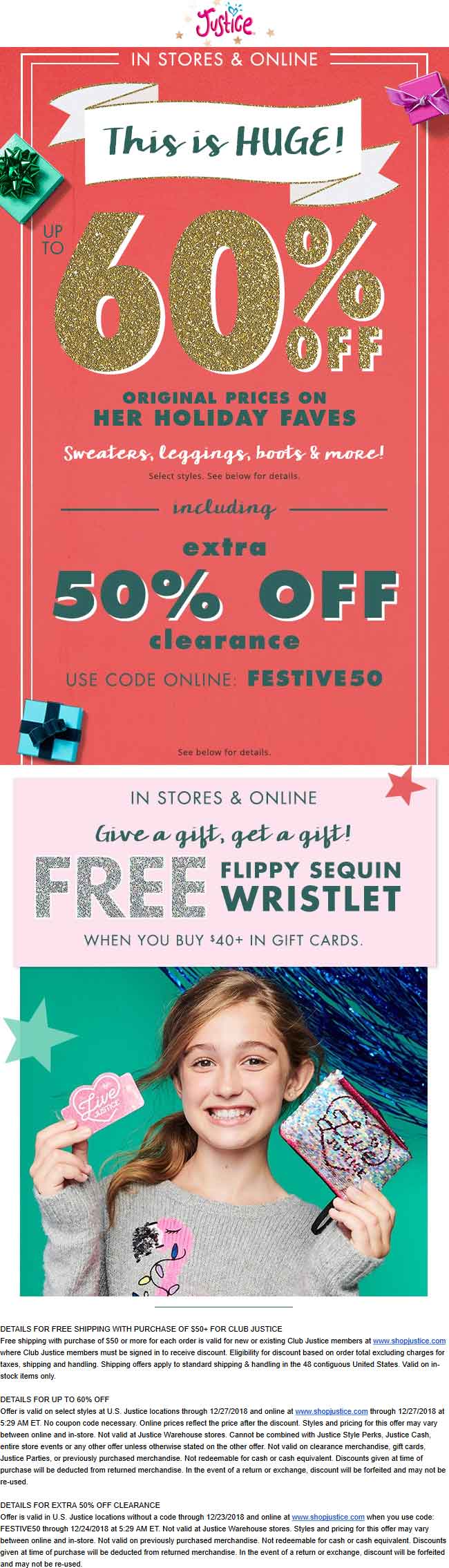 Justice Coupon April 2024 Extra 50% off clearance & more today at Justice, or online via promo code FESTIVE50